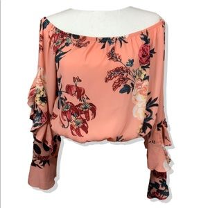 NWT Peach Floral crop top with flowing sleeves L
